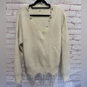 LA MIEL Distressed V Neck Knit Sweater Cream M L Loose Weave Fringe‎